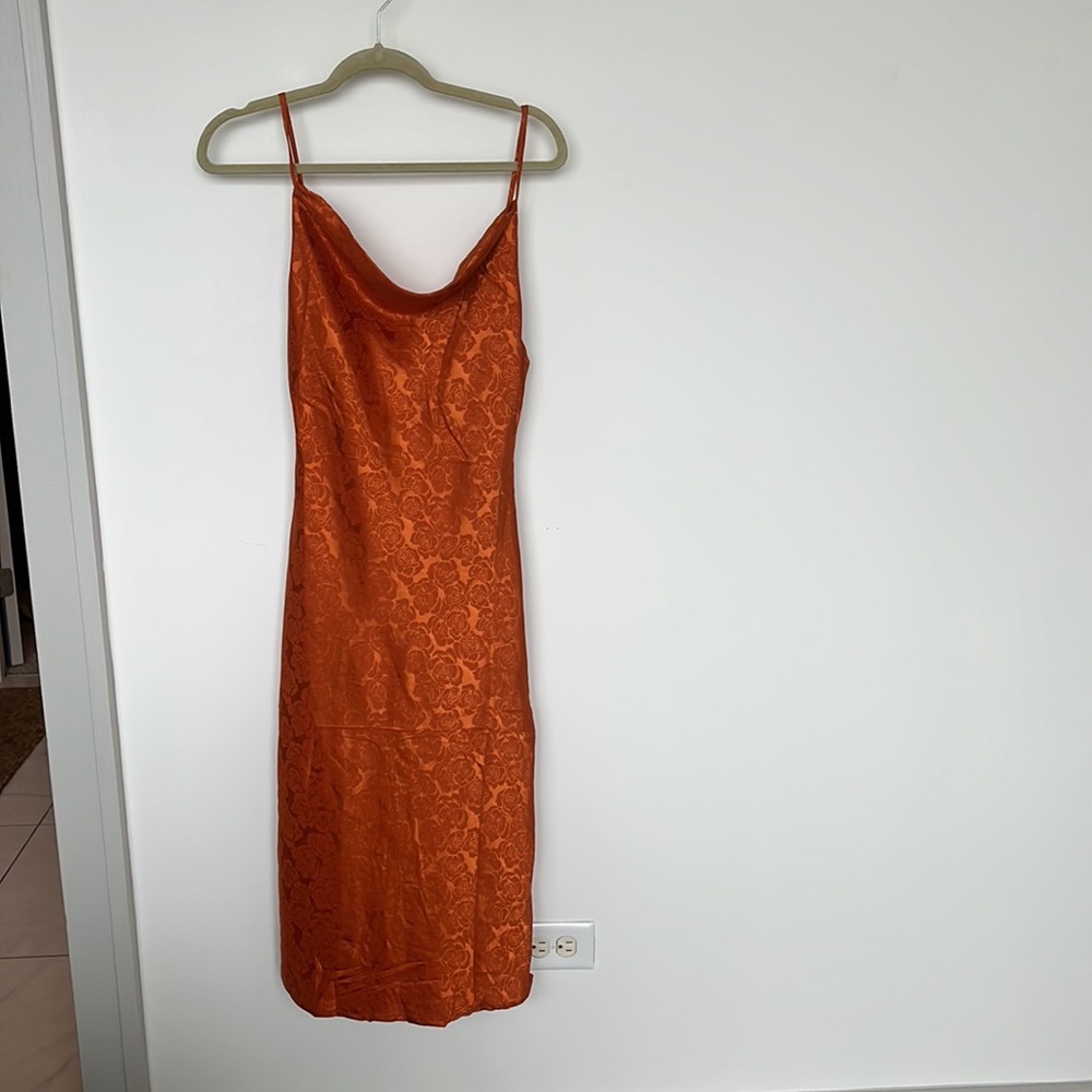 LuLu’s MIDI Dress- You're My Type Rust Orange Satin Jacquard Midi Slip Dress